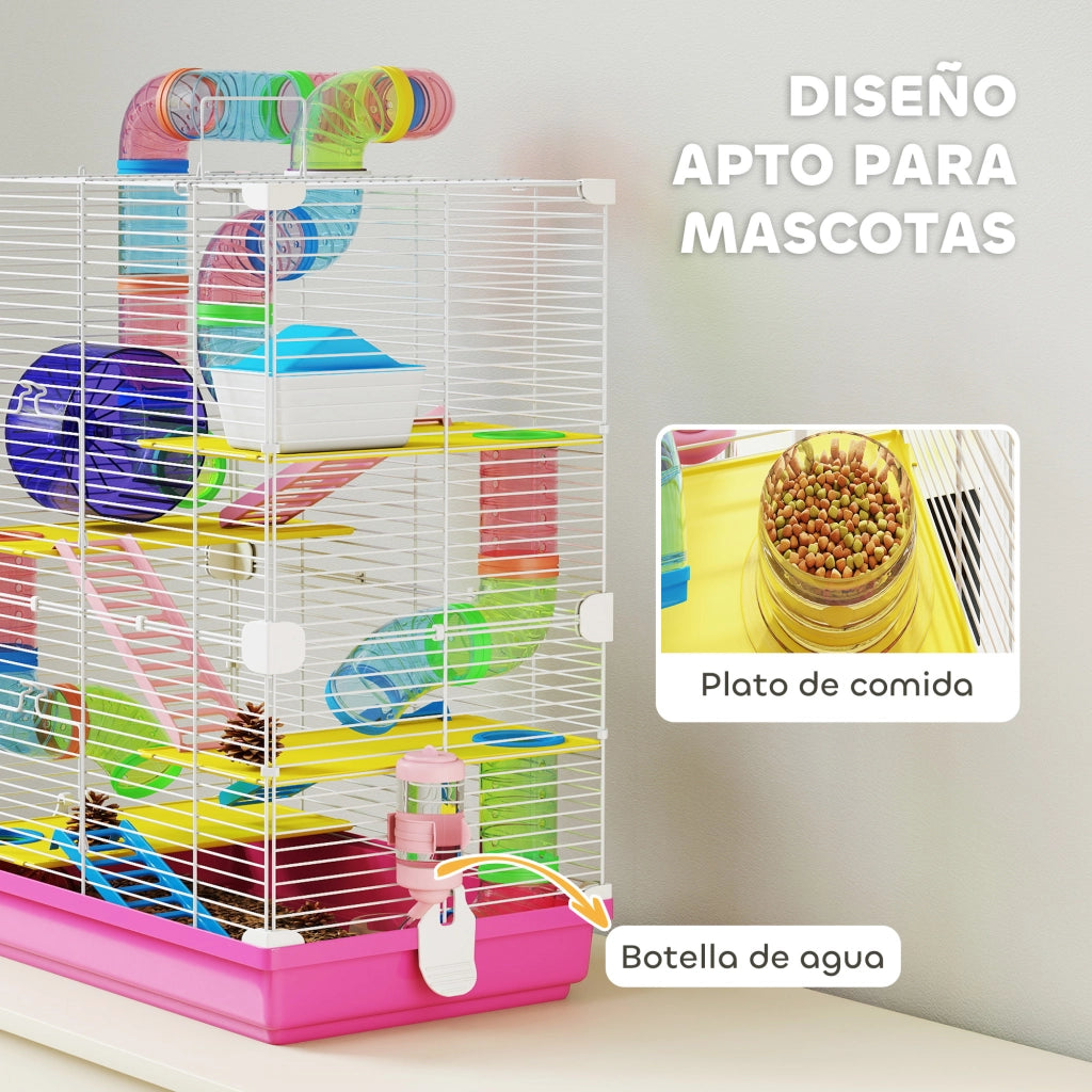Gabbia per Criceti con Tunnel Piattaforme Ciotola Bebitore Casetta Rampe e Ruota ¨C Minimal ¨C 46x30x58 cm Rosa