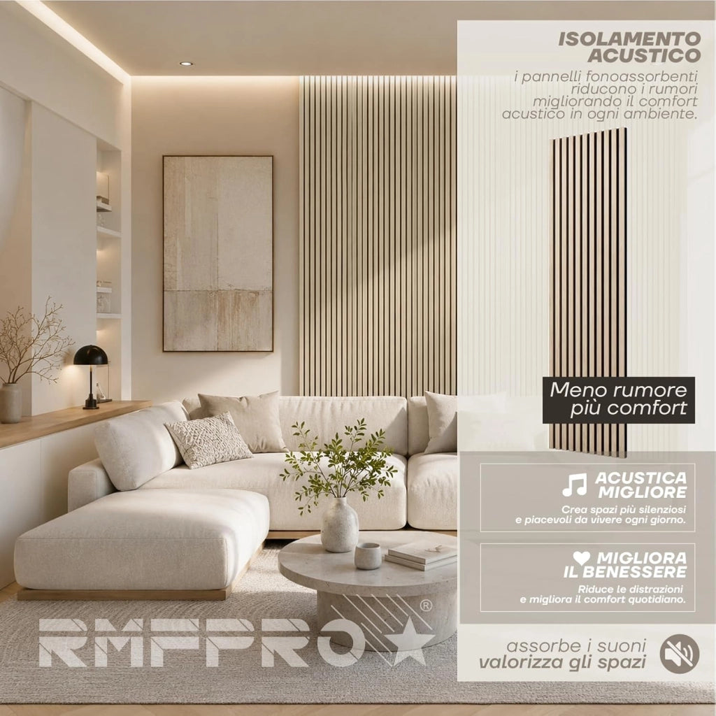 RMF PRO Set 2 Pannelli Decorativi Parete Legno Fonoassorbenti Rovere Chiaro 240x60 cm (2,88 m²) – Rivestimento Acustico a Listelli MDF per Soggiorno, Camera e Ufficio