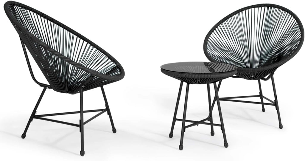 Set di mobili da Giardino Izmir Tavolo e 2 poltrone Uovo in Corda Nera
