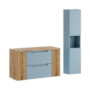 Insieme sospeso VANO blu denim e rovere chiaro 130cm: mobili sotto lavabo con cassetti e armadietti + piano per lavabo + colonna
