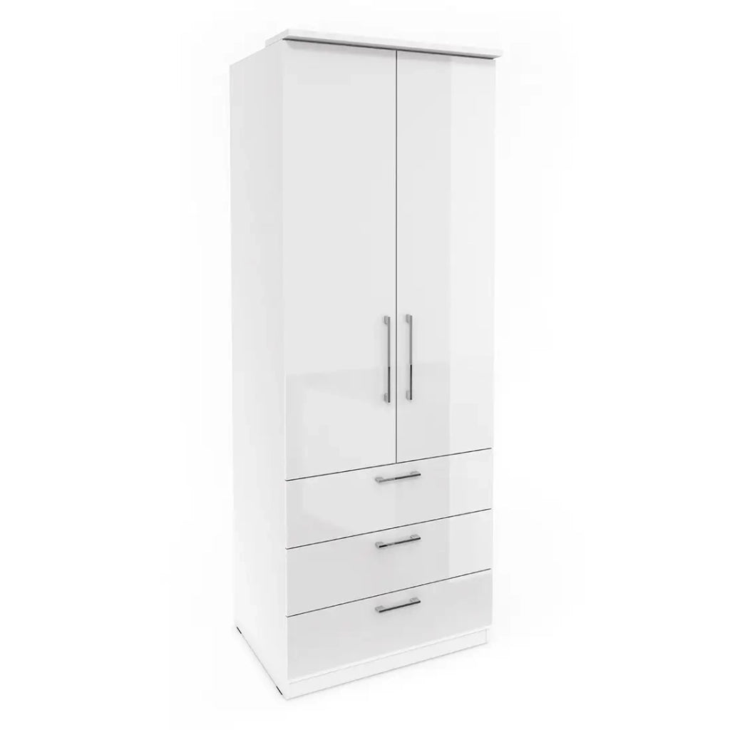 Armadio con 2 ante e 3 cassetti per cabina armadio collezione MODULO, colore bianco con LED e pacchetto di 3 ripiani incluso.
