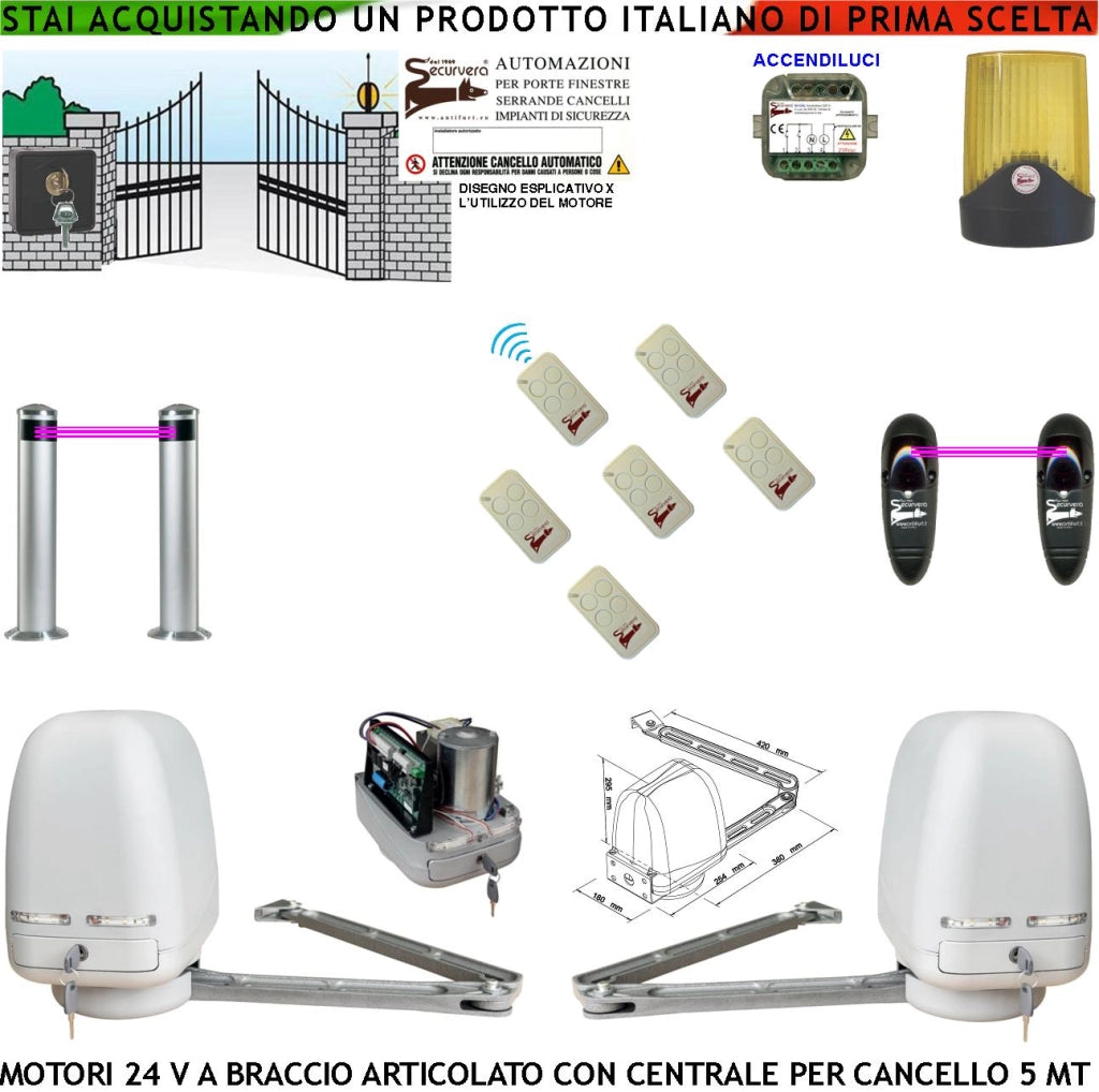 Cancello Automatico Kit Motori a Braccio Articolato 24 V 2 Ante da 1 a 2,5 MT Centrale 220/24 V Selettore 6 Radiocomandi Faro 2 Fotocellule 2 Paline Accendiluci