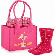 Borsa Prosecco per Signora, con 6 contenitori, borsa per bottiglie, calze, divertente, contenitore per bottiglie, borsa per spesa, regalo per donna e amica, Dimensioni: 21 x 14 x 15 cm