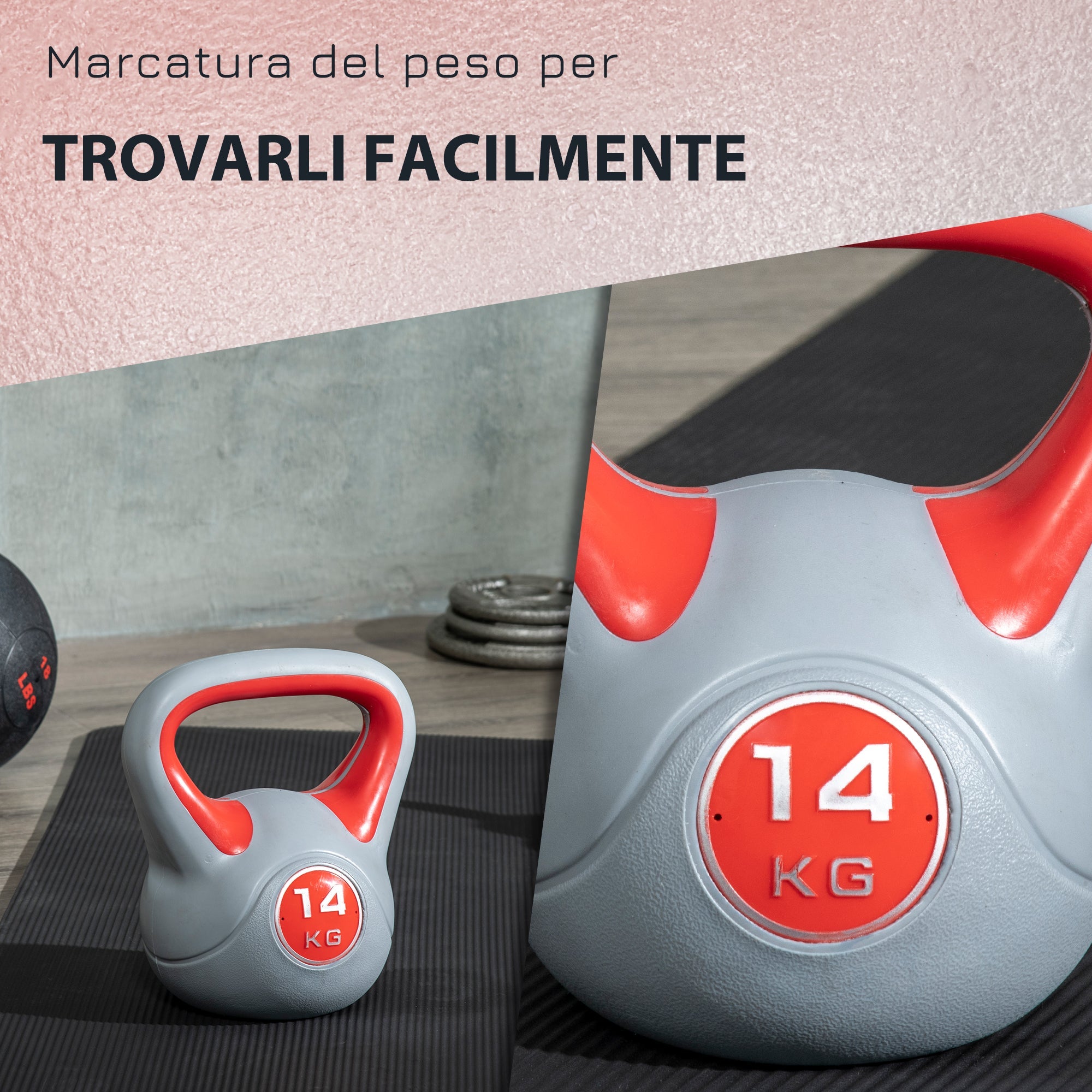 Kettlebell per Allenamento 14 Kg Base Piatta e Impugnatura per Stacchi in PU e Sabbia Rosso