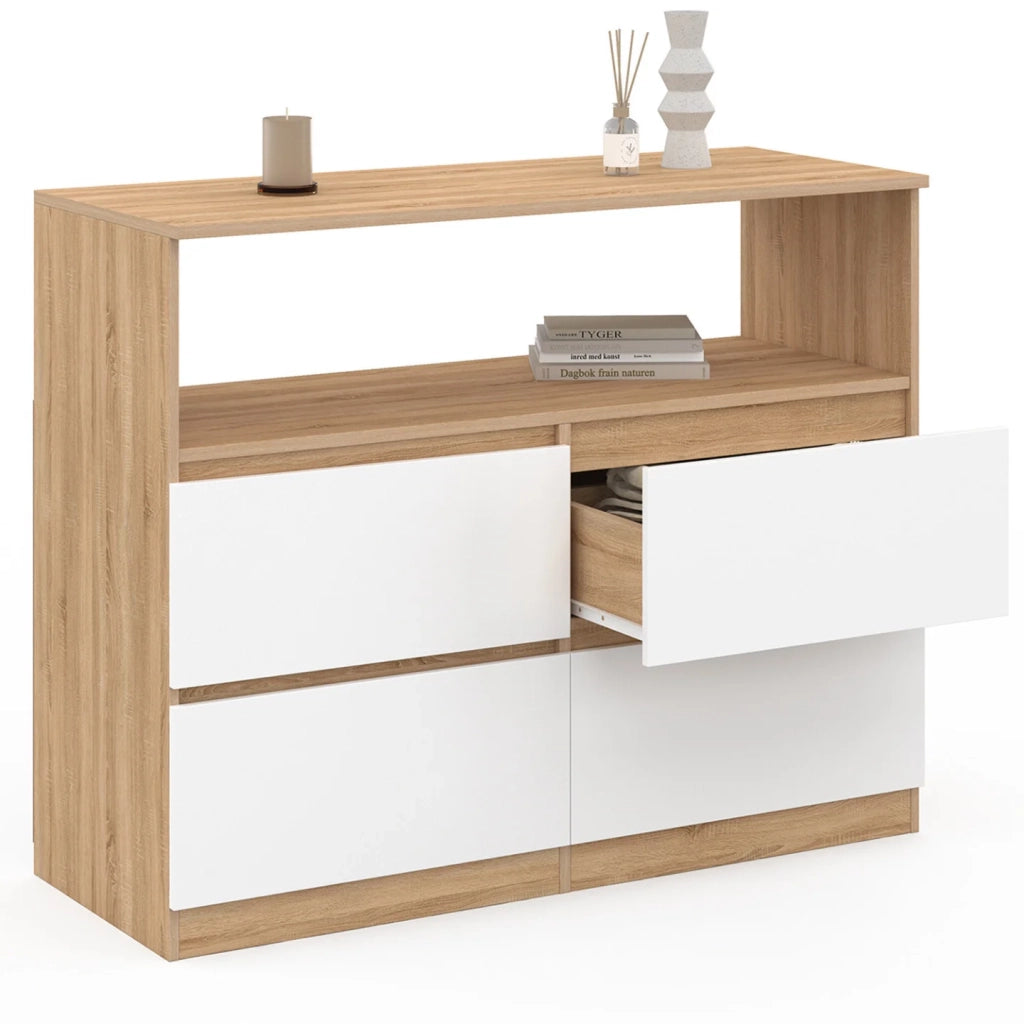 IDMarket - TOMI Cassettone a 4 cassetti da 100 cm con nicchia effetto faggio in bianco