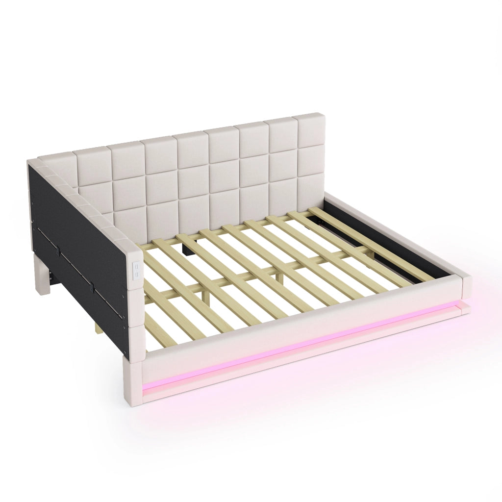 OKWISH Letto Divano 160×200 cm, Letto Matrimoniale con LED Multicolore, USB e Doghe, senza Materasso, in Tessuto Lino, Beige