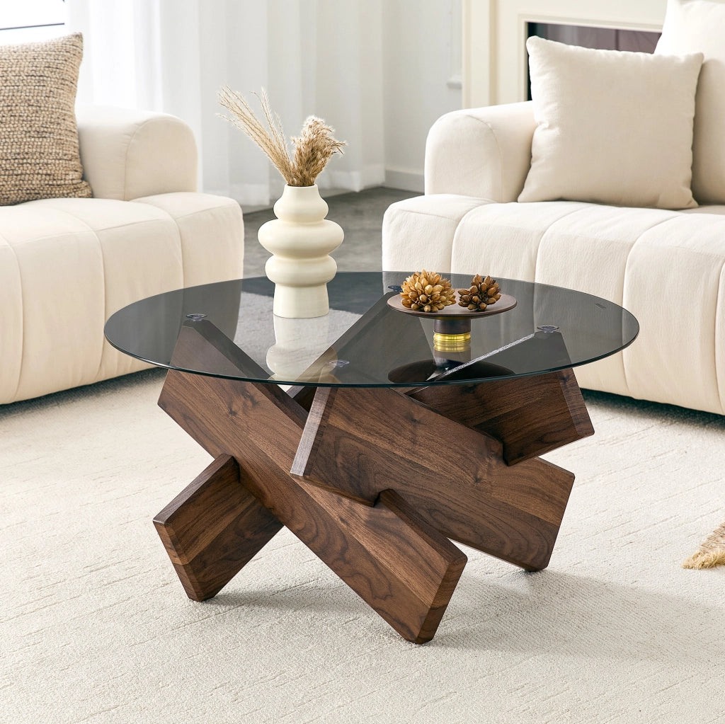 Tavolino da caffè rotondo 88.5x88.5x12.5 cm con piano in vetro temperato; MDF e vetro noce