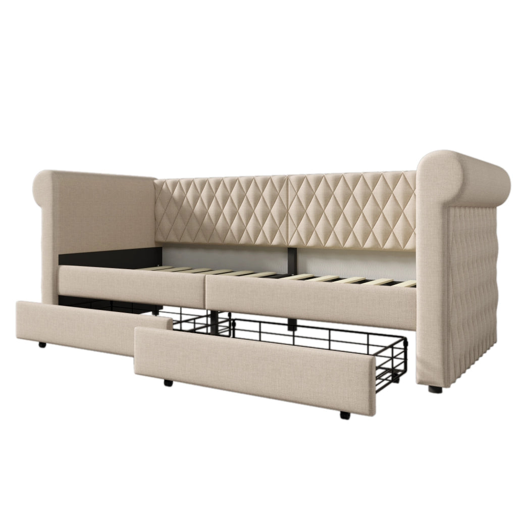 Letto daybed vintage 90x200 cm in lino beige con 2 cassetti, rete a doghe, senza materasso