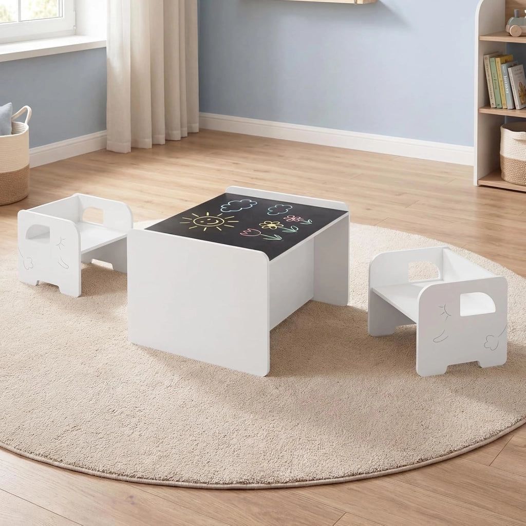 Set Tavolo e 2 Sedie per Bambini, Tavolo e Sedie Salvaspazio per Bambini 3+ Anni con Lavagna per Disegnare e Piedini Antiscivolo, per Camerette, Soggiorno e Studio (Bianco)