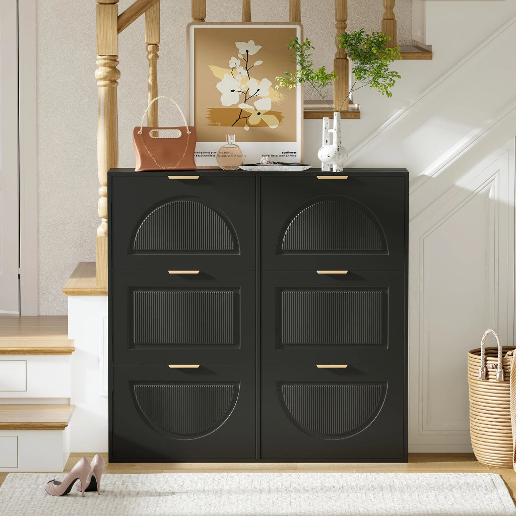 Scarpiera con 6 ante ribaltabili e ripiani aperti per ingresso e corridoio in MDF nero 118 × 25 × 115 cm