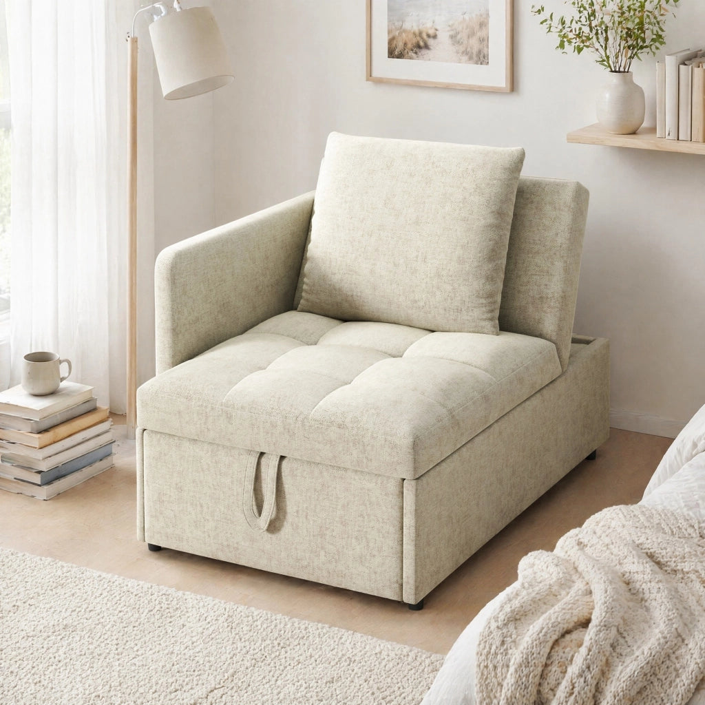 Divano Letto 3 in 1 in Tessuto di Lino, Schienale Reclinabile a 5 Posizioni, Beige, Struttura Salvaspazio
