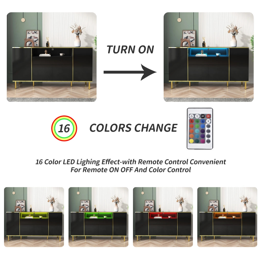Credenza con 4 Ante; 1 Cassetto e LED; Nero Lucido con Dettagli Dorati; in MDF; 150??40??80 cm