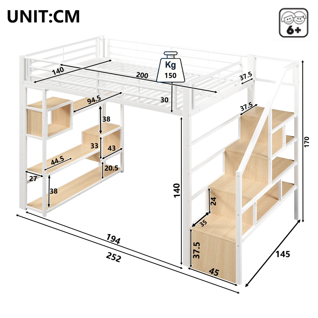 Letto a soppalco 140x200 cm con spazio libero sottostante; LED; ripiano; gradini integrati e parapetto; metallo bianco