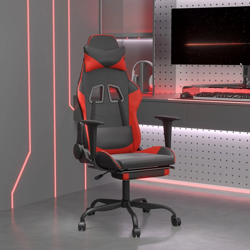 Sedia da Gaming | Sedia da e-sports Massaggio Poggiapiedi Nero e Rosso Similpelle