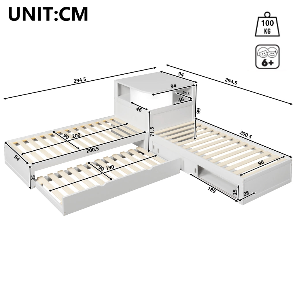 Letto singolo 90 × 200 cm con letto estraibile, contenitore con ante scorrevoli et luce notturna LED, senza materasso, bianco
