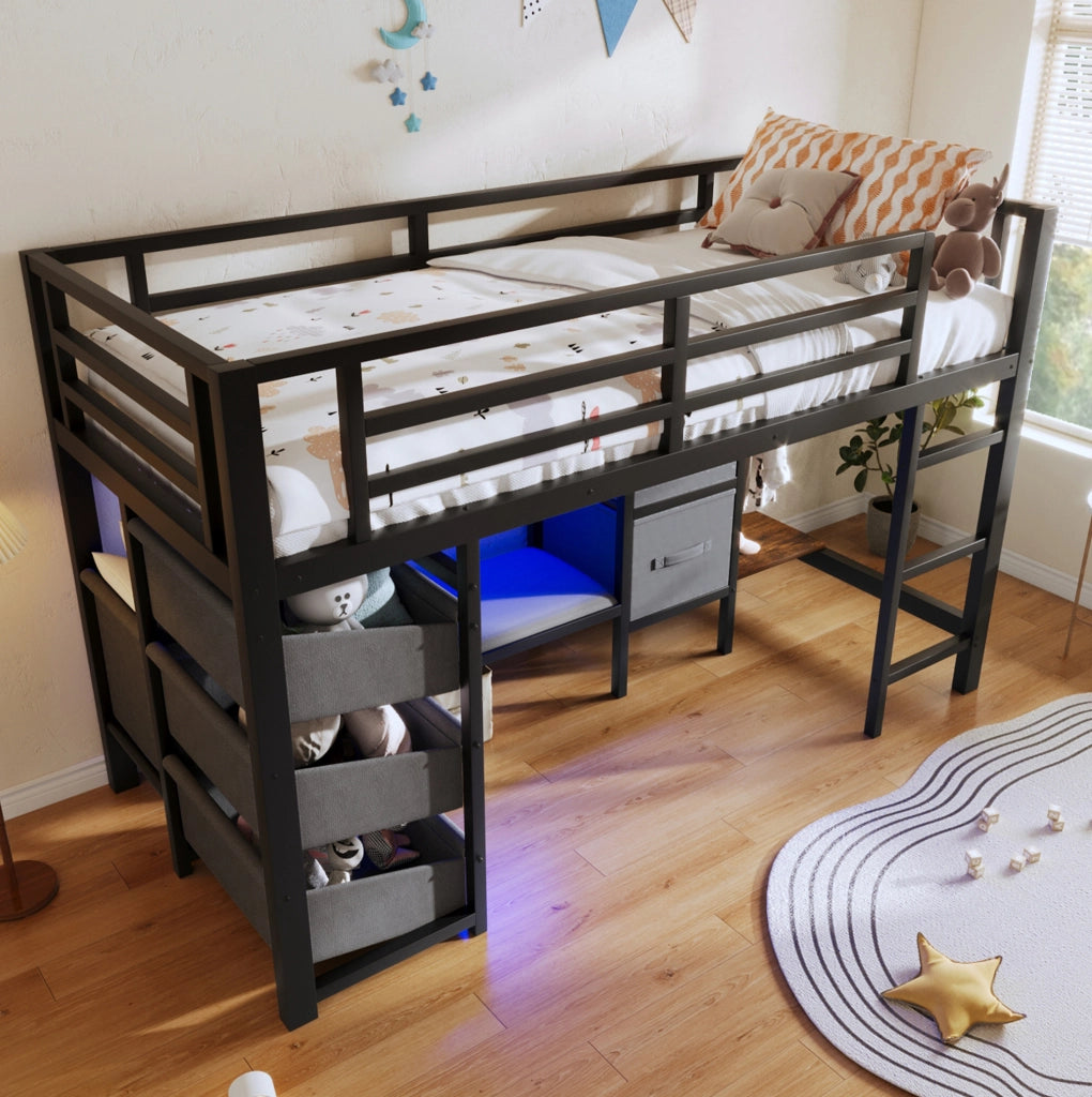 Letto rialzato 90 x 200 cm in metallo nero con LED, cuscino e contenimento