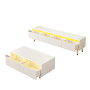 Set di Mobili da Soggiorno con 1 Mobile TV 4 Ante e 1 Tavolino 2 Cassetti; Illuminazione LED; MDF; Bianco