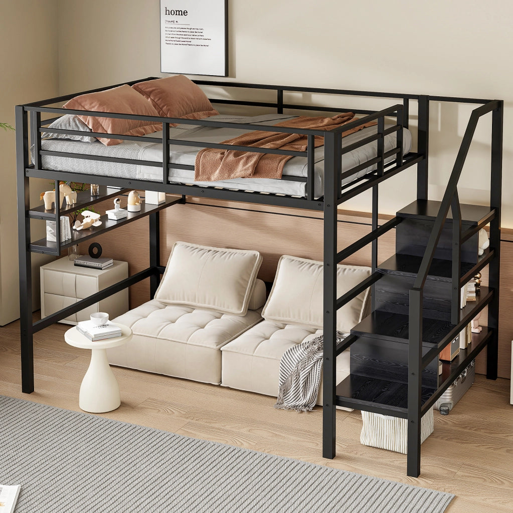Letto a soppalco 140x200 cm nero con scaffali e scala contenitore