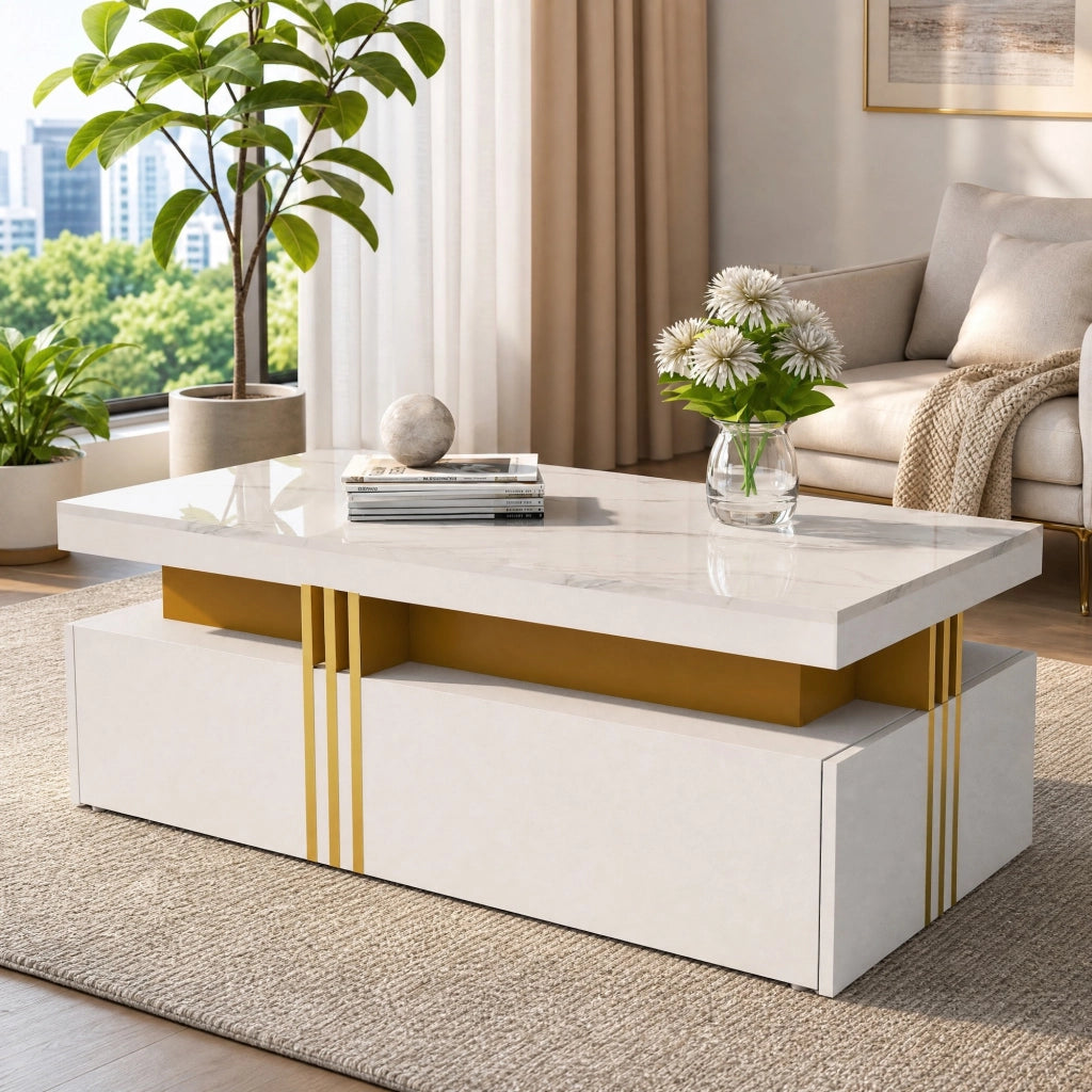 TAVOLINO DA SALOTTO Rettangolare 100x50x40 cm Bianco con 2 cassetti