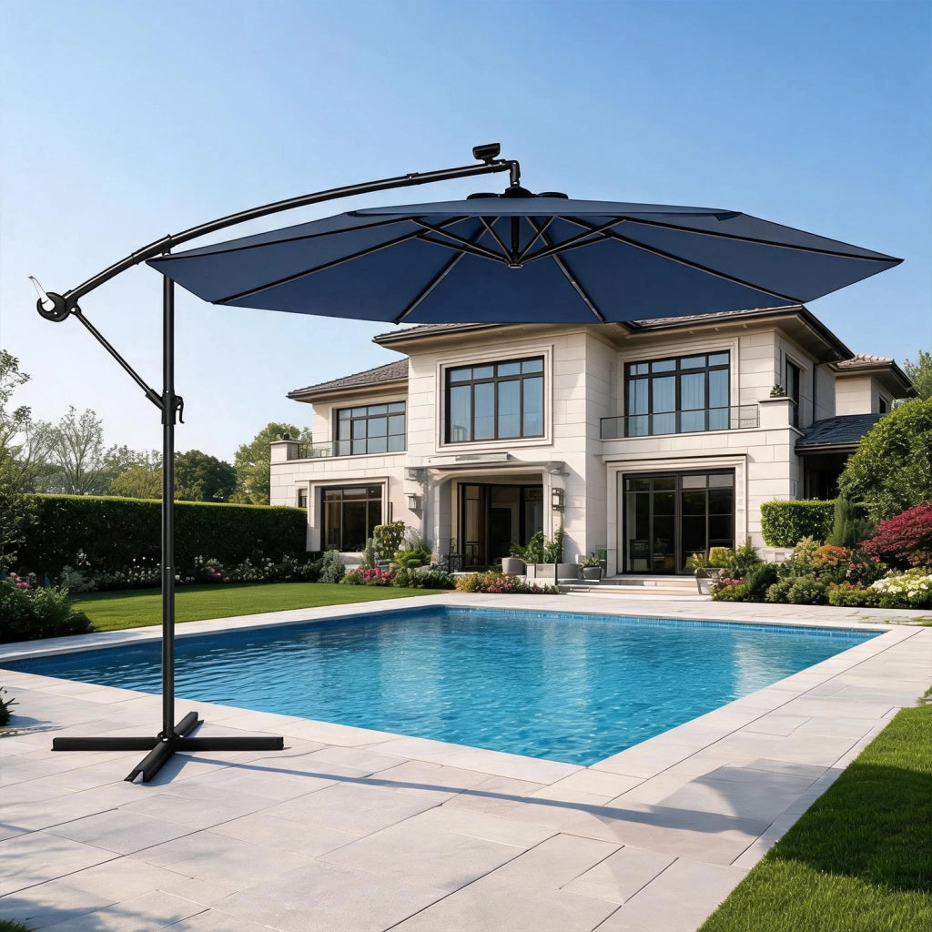 Ombrellone Decentrato Con Braccio Laterale Apertura A Manovella Telo Impermeabile UV30+ Camino Ventilazione Da Esterno 3 x 3 x 2.5 M Blu Navy