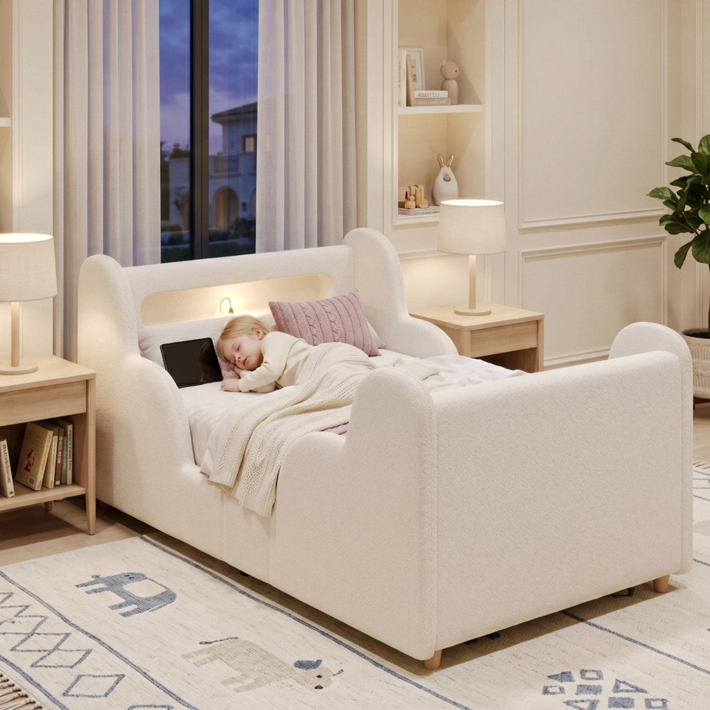 Letto per bambini 90 × 200 cm con sponde imbottite, luce notturna, porte USB e Type-C, senza materasso, beige