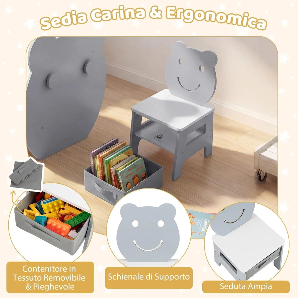 Set Tavolo e Sedia per Bambini 3+ Anni, Tavolo Multifunzionale con Lavagna Bifacciale, Ripiano e 4 Ganci Laterali, Sedia Comoda con Cassetto Rimovibile per Cameretta e Asilo (Grigio)