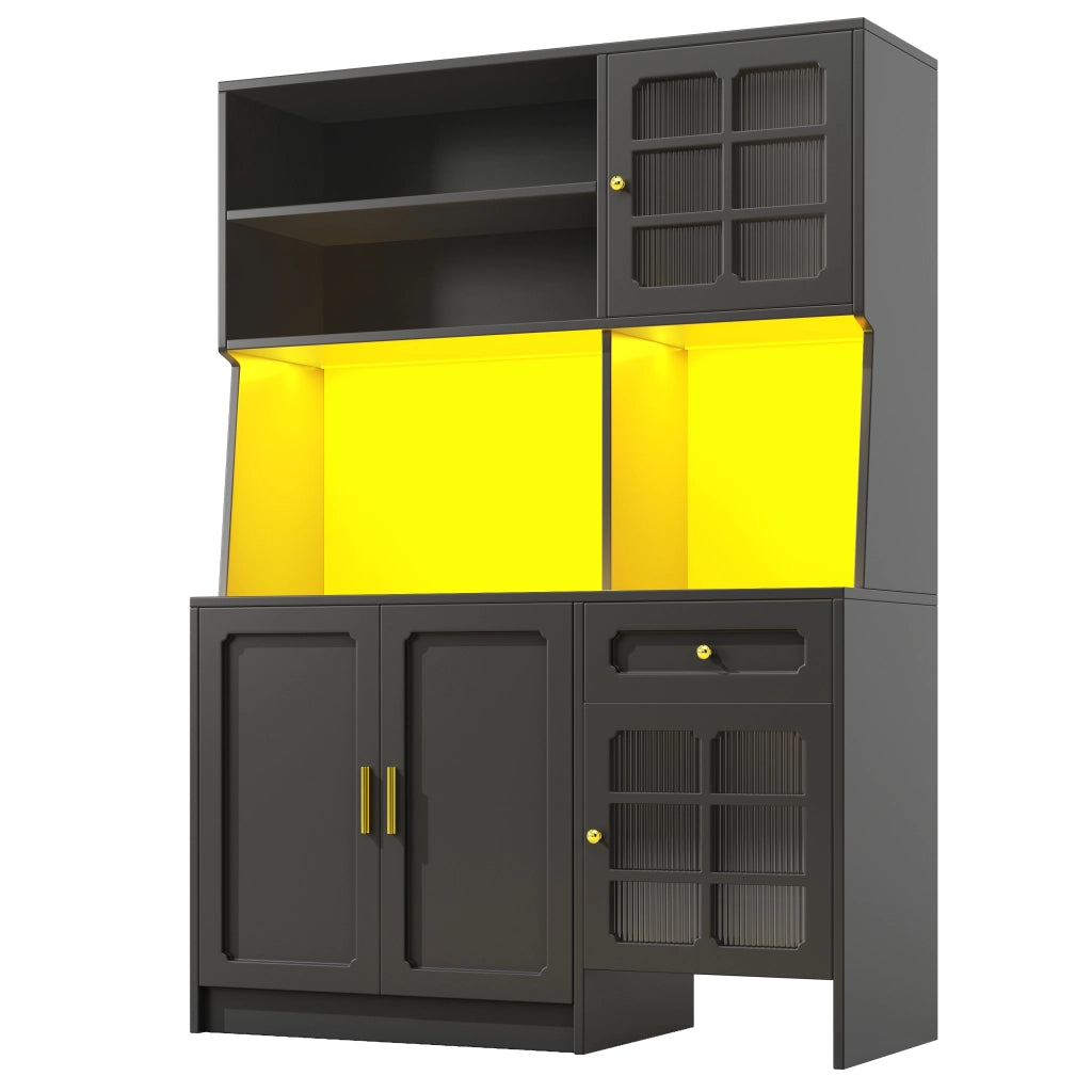 Colonna da cucina con ante in vetro; cassetti e illuminazione LED; vani aperti; per cucina; 130 × 45 × 180 cm