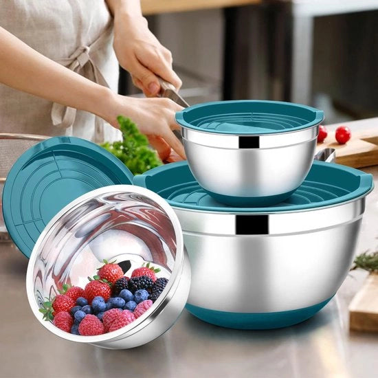 Set di 3 contenitori in acciaio inossidabile, contenitore con coperchio ermetico e fondo antiscivolo, set di contenitori per cucina/preparazione, lavastoviglie resistente, 4,6 l/2,8 l/1,2 l (blu)