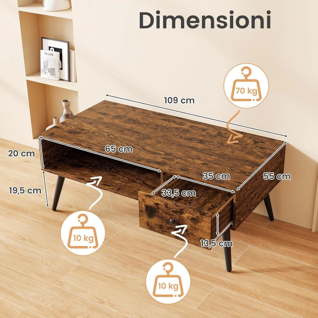Tavolino da Salotto Rettangolare Design Moderno, Tavolino da Caffè con Cassetto e Mensola Inferiore, Tavolino Basso da Divano con Gambe in Metallo per Soggiorno, 109 x 55 x 42 cm (Marrone)