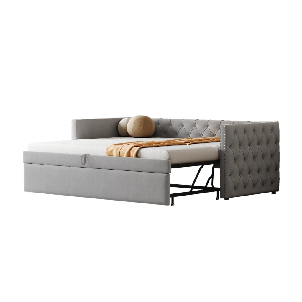 Letto estraibile singolo 90×200 cm e 90×190 cm con rete; senza materasso; velluto grigio chiaro