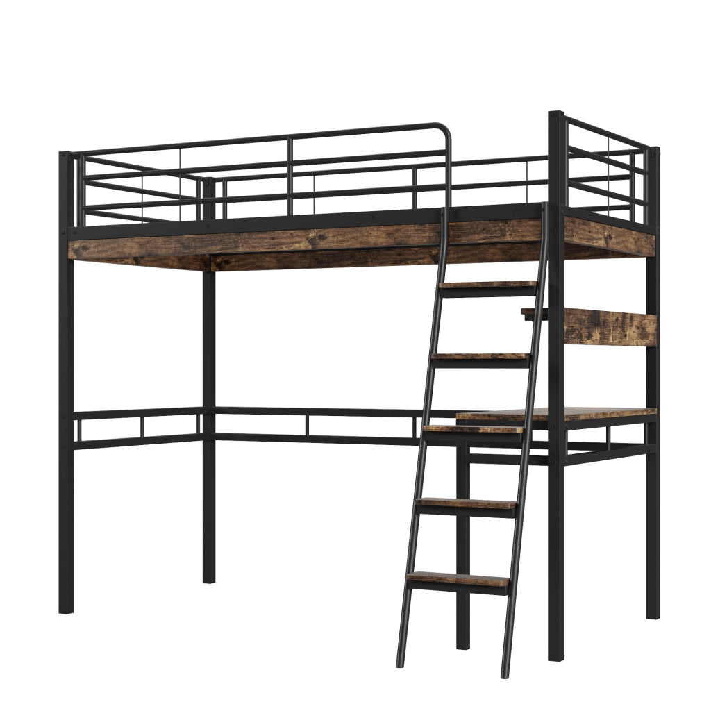 OKWISH Letto a Soppalco 90×200 cm, Letto Singolo con Scrivania, Mensole, Sponda e Scala, senza Materasso, in Metallo, Nero