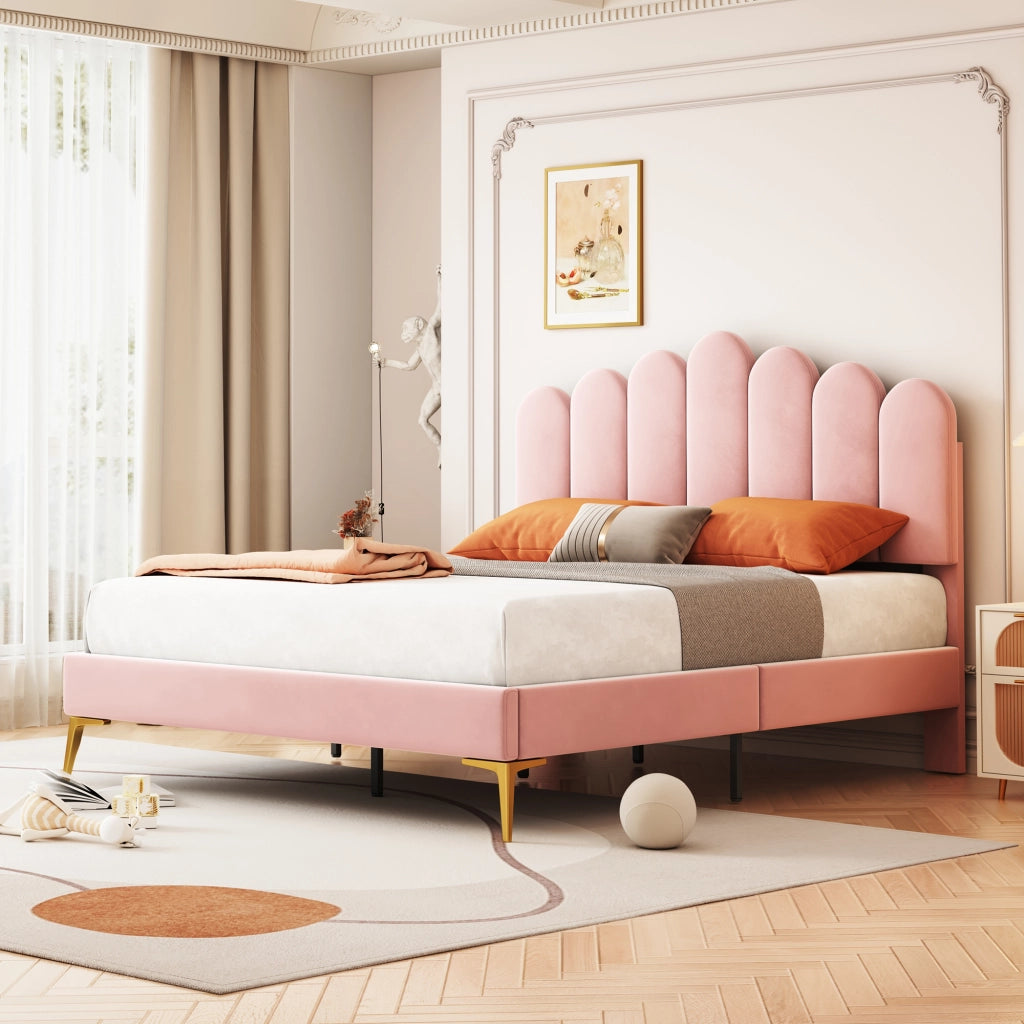 Letto imbottito matrimoniale 140×200 cm con testiera regolabile e rete a doghe; senza materasso; velluto rosa