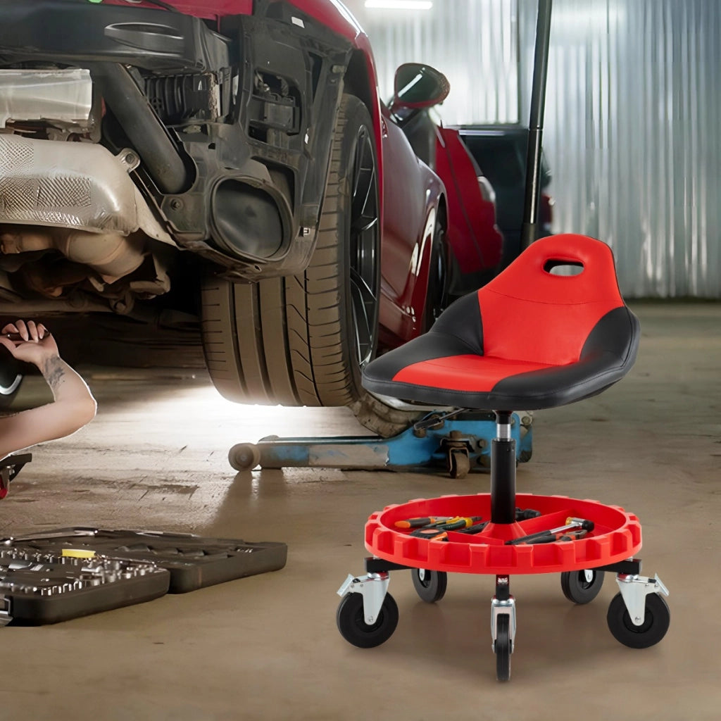 Sgabello da garage mobile con altezza regolabile e vassoio porta attrezzi, Sgabello da officina girevole per riparazioni auto