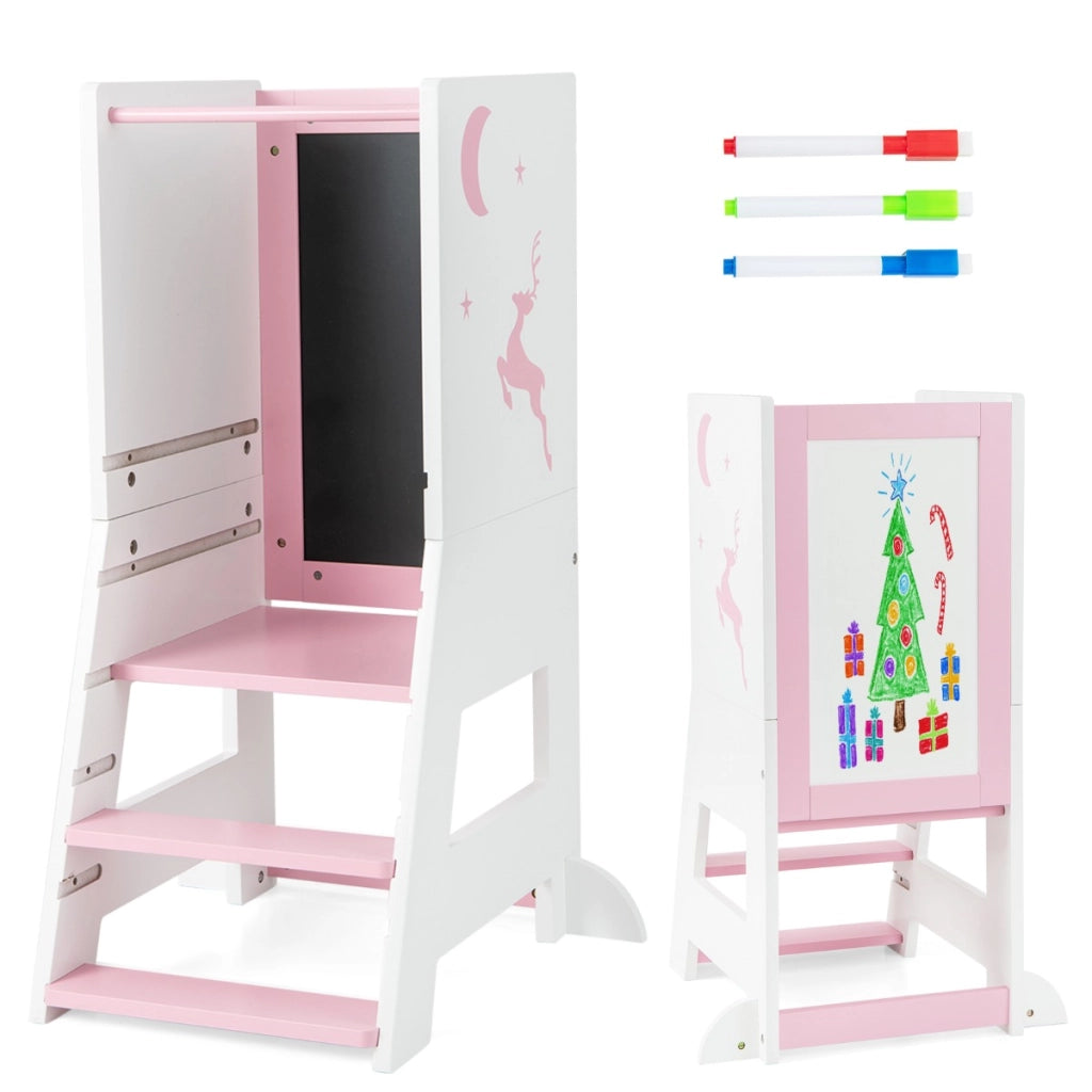 Torre per bambini con 3 penne lavagna bianca e nera piattaforma e gradino regolabili, Sgabello per bambini porta 70kg Rosa-Per i bambini