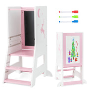 Torre per bambini con 3 penne lavagna bianca e nera piattaforma e gradino regolabili, Sgabello per bambini porta 70kg Rosa-Per i bambini