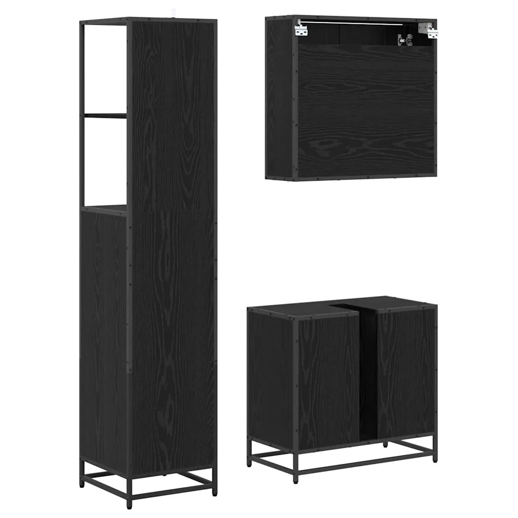 Set di mobili per il Bagno | Armadio da bagno 3 pz Rovere Nero Legno multistrato