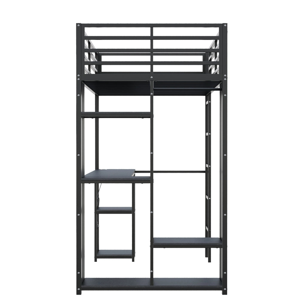 Letto a soppalco singolo 90 × 200 cm con scrivania, ripiani, armadio aperto, LED, USB et Type-C, senza materasso, nero
