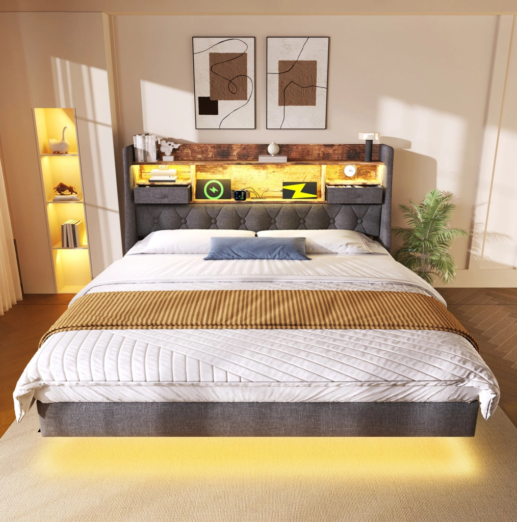 Letto matrimoniale 140x200 cm con LED; testiera con prese USB e Type-C; contenitore; lino grigio