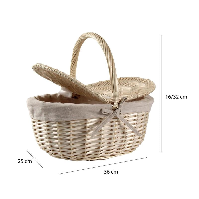 CESTINO DA PICNIC OVALE IN VIMINI CON FEDERA INTERNA IN TESSUTO E MANICO DIMENSIONE 36X25X16/32H CM