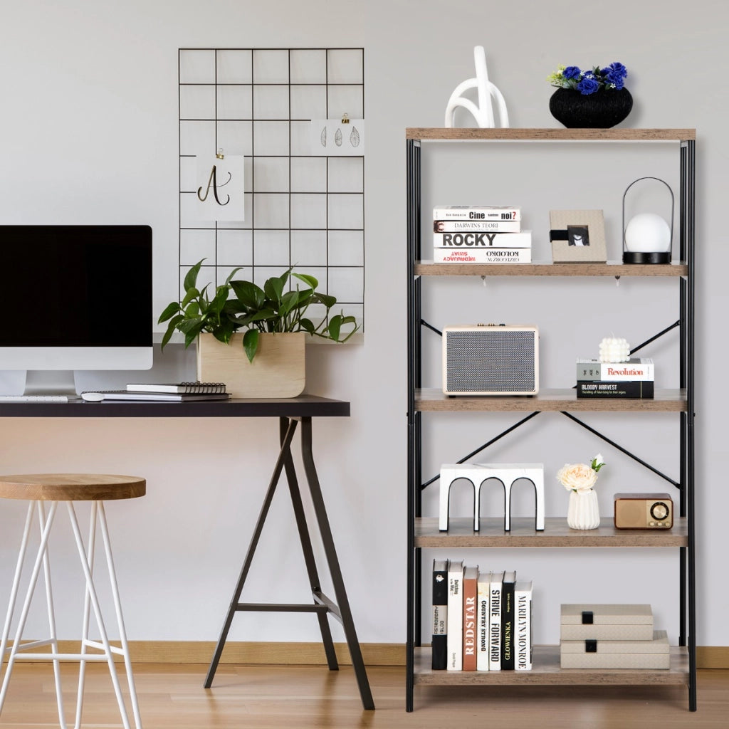 Libreria a 5 piani in legno con struttura in metallo, Libreria industriale per soggiorno e l'ufficio Grigio-Librerie