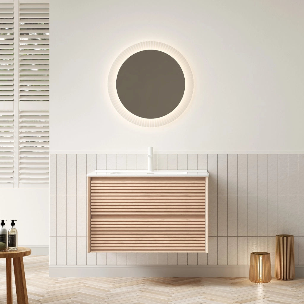 Mobile bagno con lavabo in ceramica e 2 cassetti per bagno; in compensato; bianco e noce; 81×46.5×51.5 cm
