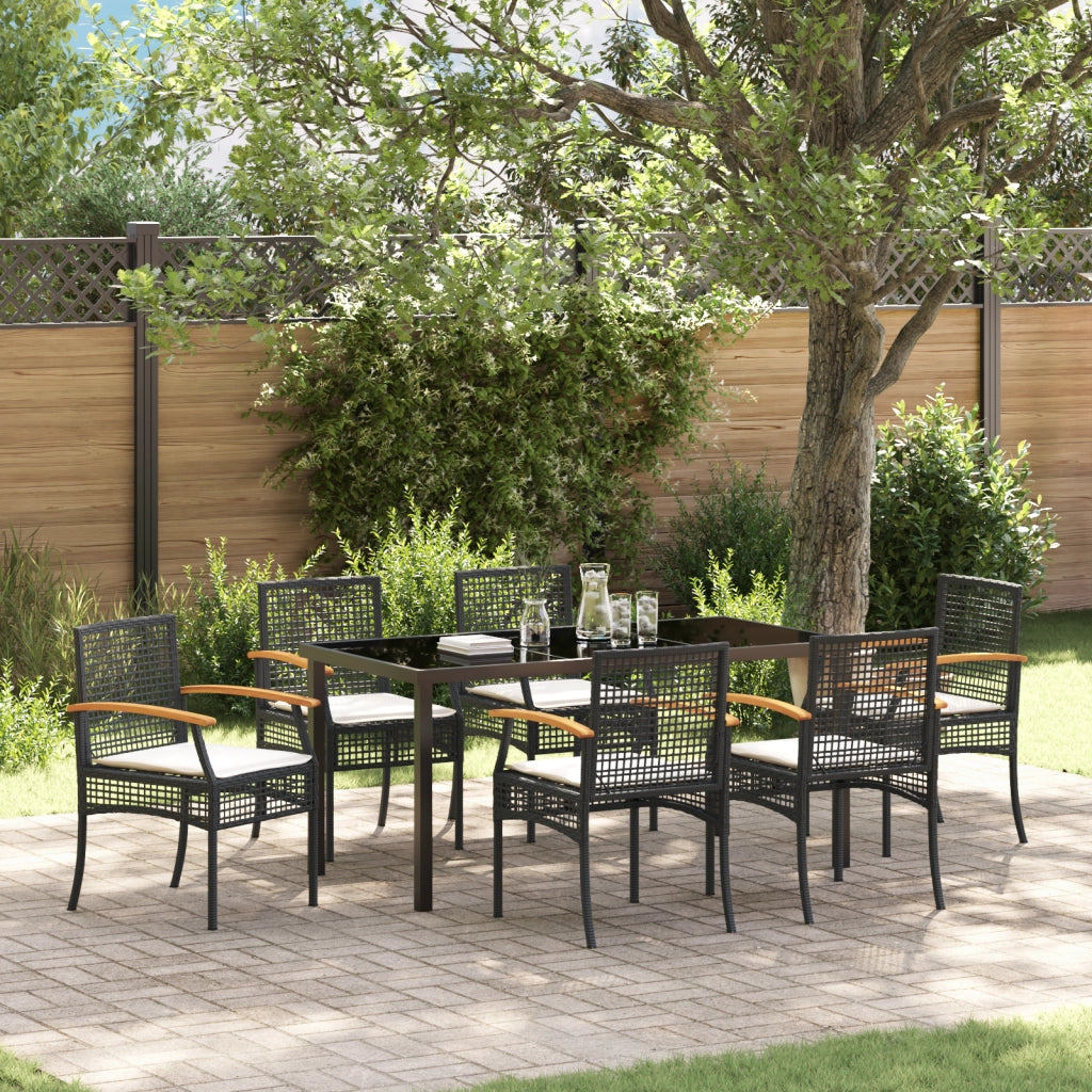 Set da Pranzo da Giardino 7 Pezzi con Cuscini Nero Polyrattan