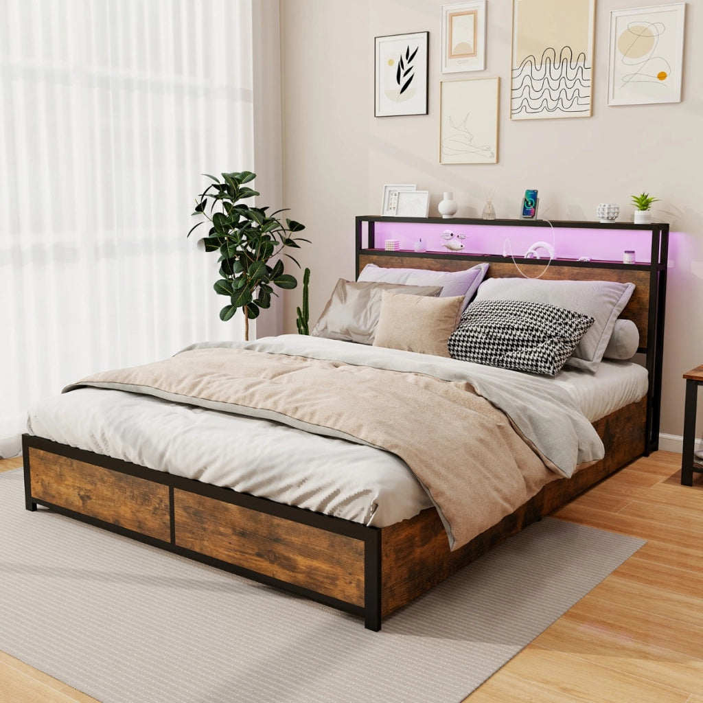 Struttura letto king size con luci e set 2 comodini moderni-Letto piattaforma e tavolini industriali da divano