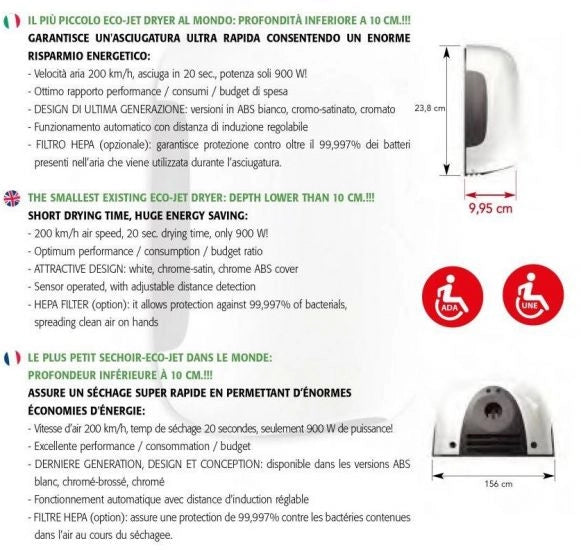 Asciugamani Elettrico 900W Vama SMART JET MINI LF cromato lucido