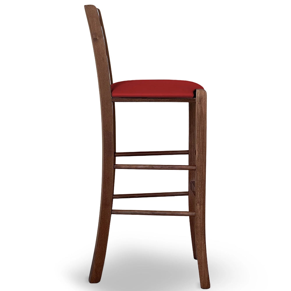 Sgabello Venezia in legno noce scuro h 73 cm con seduta in similpelle rosso