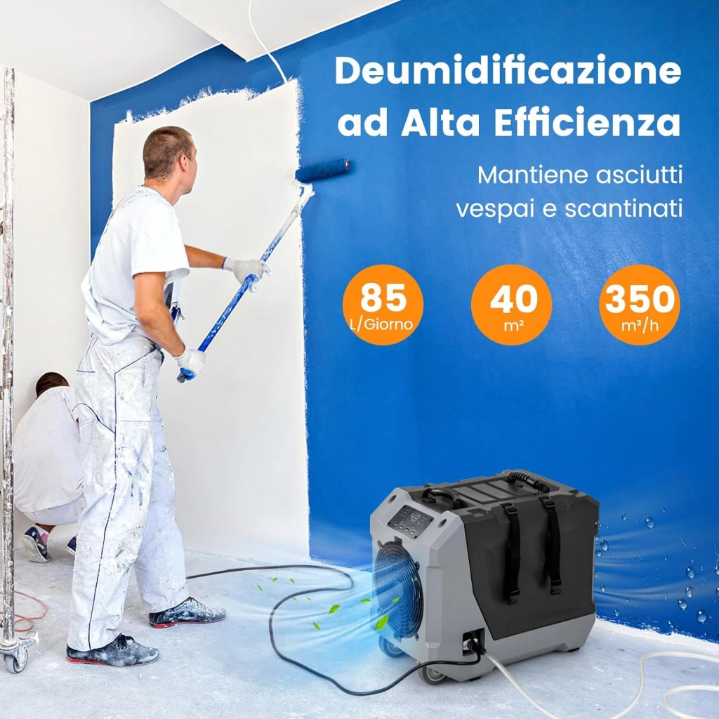 Deumidificatore Commerciale 85 L/Giorno, Deumidificatore con Pompa e Tubo di Scarico, Sbrinamento Automatico, 2 Ruote e Maniglia Pieghevole, Timer 24H, per Cantina Magazzino (Nero)