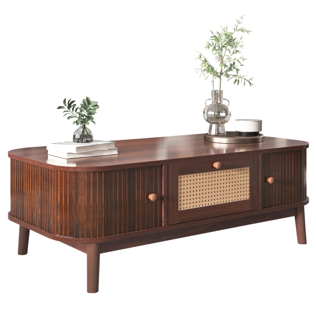 Tavolino da Caffè con 2 Cassetti e 2 Ante Scorrevoli; Rattan; Stile Country; in MDF; Naturale; 110×55×38;5 cm