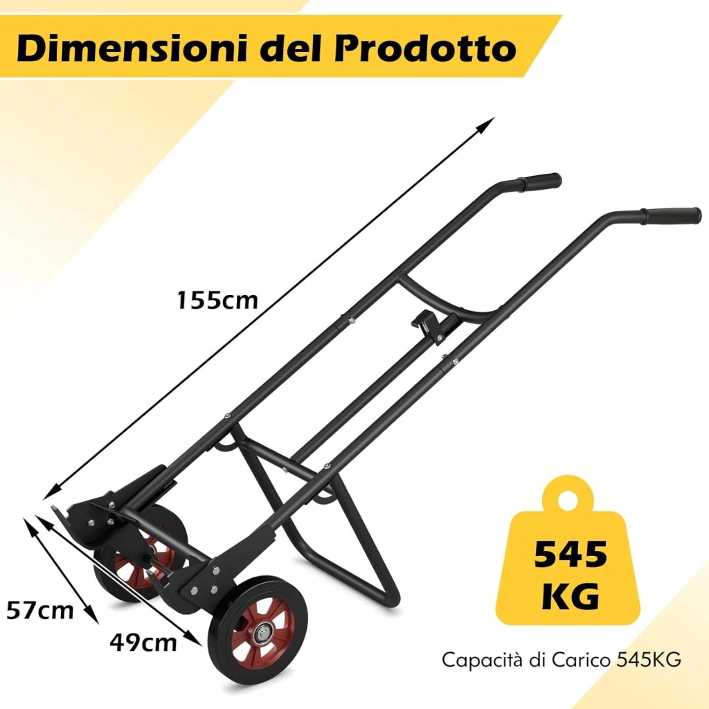 Carrello Porta Fusto, Carrello Porta Fusti con 2 Ruote in Gomma e Impugnature in EVA Ganci a Molla, Capacità di Carico 545 kg