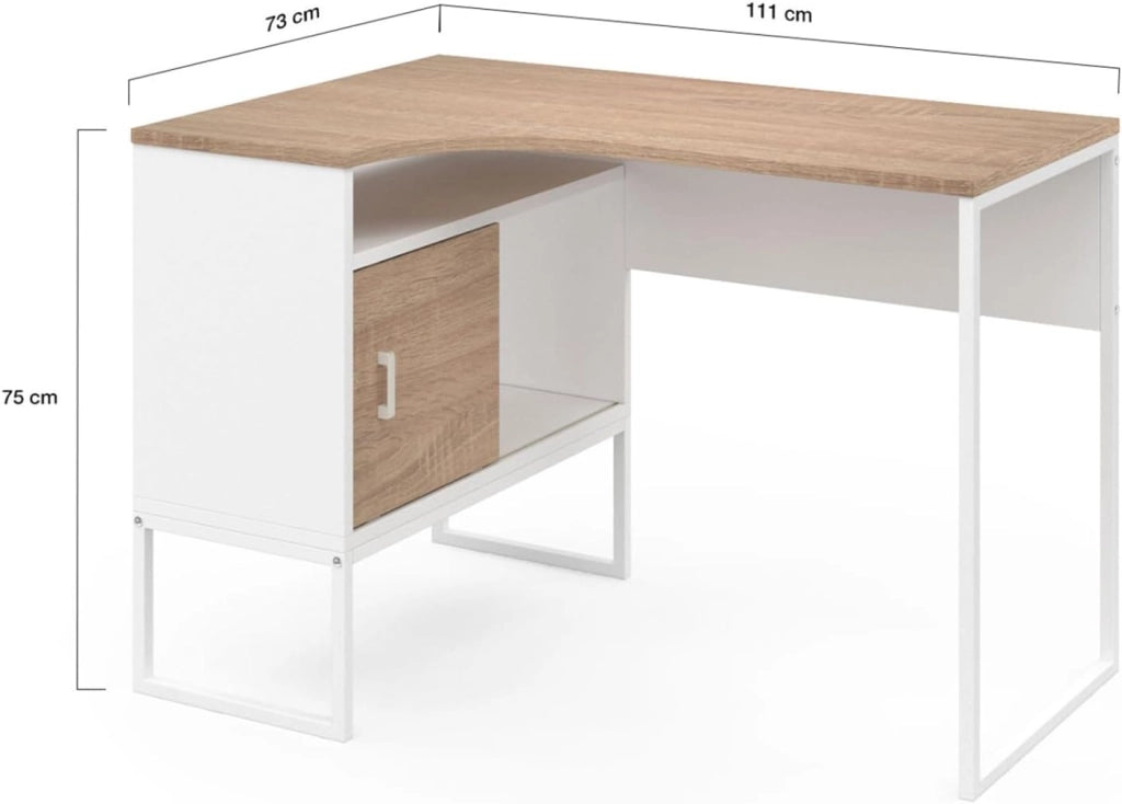 Scrivania angolare ROB in bianco e faggio con nicchia di contenimento e anta dal design industriale