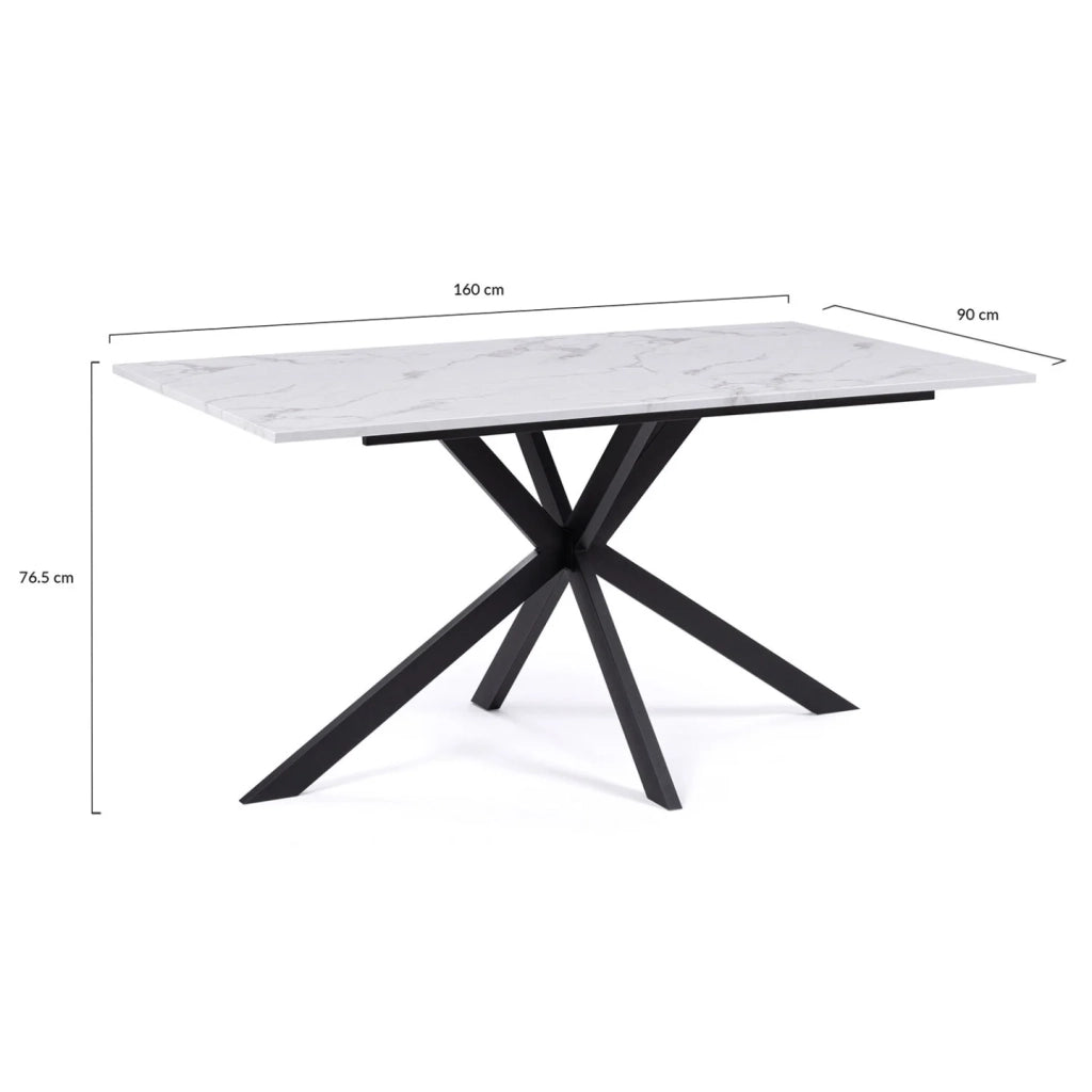 IDMarket - Tavolo da pranzo rettangolare per 8 persone ALASKA con effetto marmo bianco e gamba a ragno in metallo 160 cm